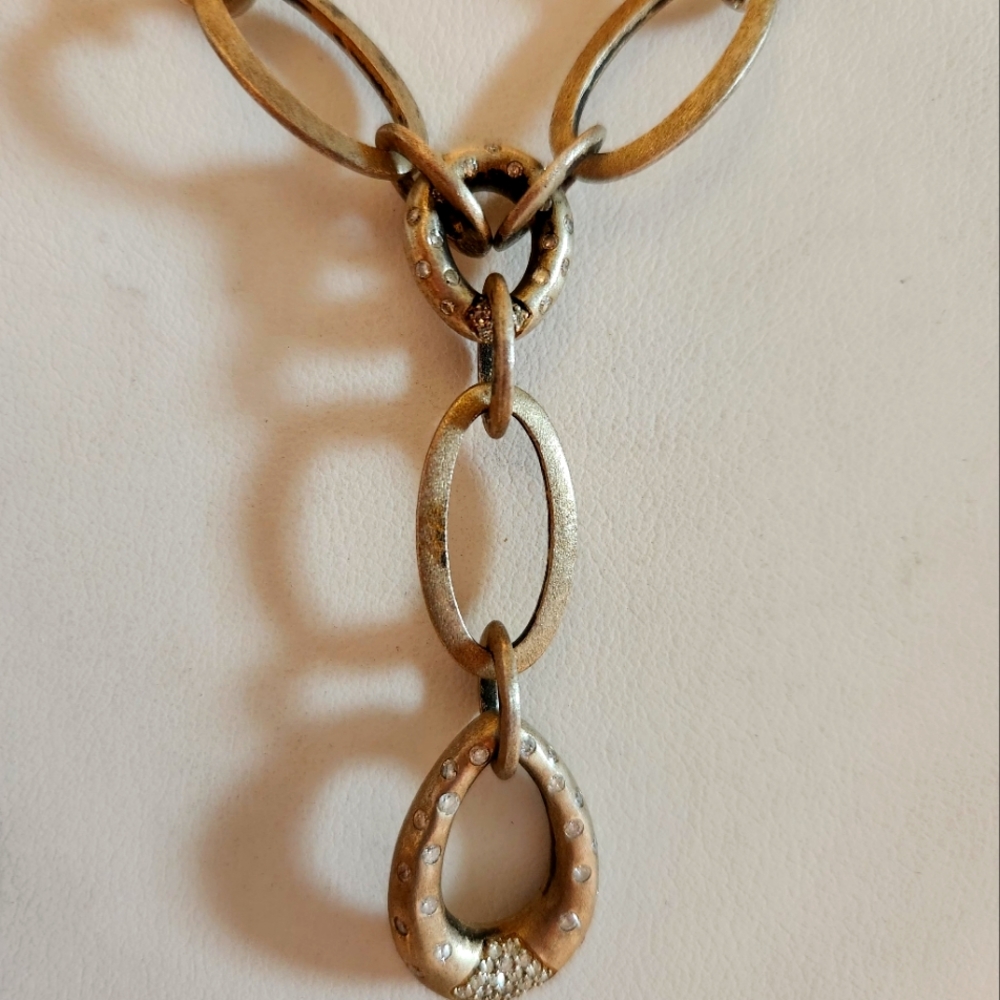 Natural Pave' Diamond Sterling Silver Y Chain Necklace with Patina